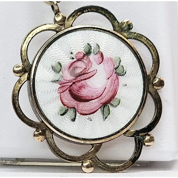 Vintage Rose Enamel Guilloche Dangle Locket Pin Brooch - Picture 1 of 9